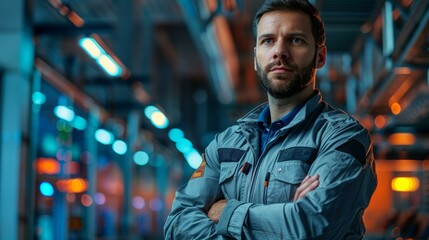 Fototapeta premium Confident male engineer in workwear standing inside futuristic industrial facility with blue and orange lighting, arms crossed, thoughtful expression. Copy space.