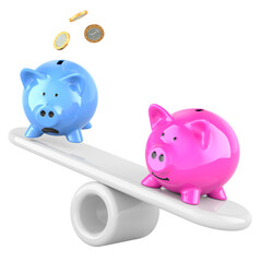 Piggy banks on imbalance seesaw, Concept of social inequality between rich and poor. 3D rendering isolated on transparent background
