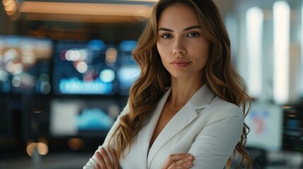 Confident young woman in elegant white suit posing in modern office environment, symbolizing professionalism and leadership in business.