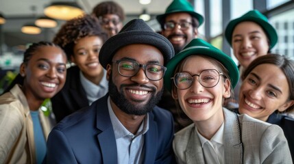 Vibrant group selfie of eight diverse joyous employees in office, celebrating teamwork in stylish outfits, hinting at corporate success and unity.