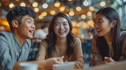 Joyful gathering of three asian friends laughing in cozy cafe with warm lights, capturing friendship and happiness in casual setting.
