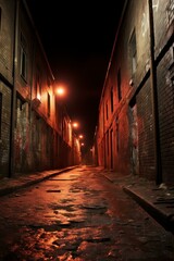 A dark and narrow alleyway with red lighting