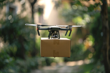 Quadcopter drone delivers a package