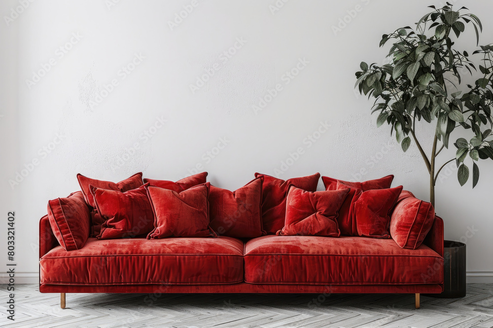 Wall mural Livingroom interior wall mock up with red fabric sofa and pillows on white background with free space on right. 3d rendering - Wall murals