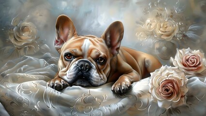 Surreal oil painting of a French bulldog in Marie Antoinette style. Concept French Bulldog, Oil Painting, Surreal, Marie Antoinette Style