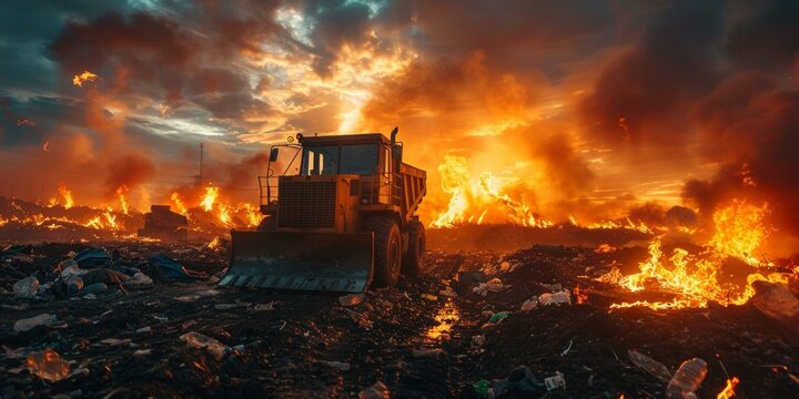 A bulldozer works at a landfill as the trash burns