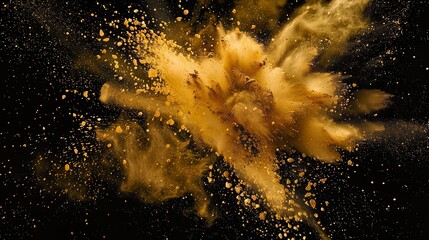 goldene Farbexplosion vor dunklem Hintergrund, rauchender Knall, Explosion aus goldenem Pulver