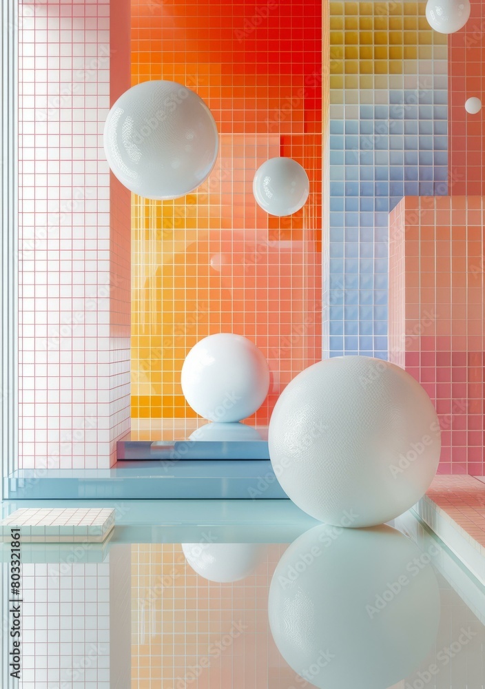 Poster 3d rendering of a colorful room with balls