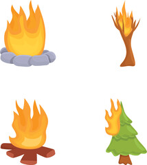 Bonfire icons set cartoon vector. Burning tree and bonfire. Forest fire, natural disaster