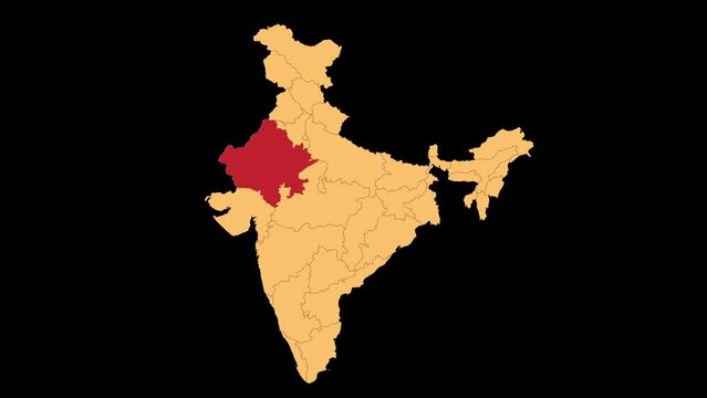 Rajasthan map animated video. Rajasthan location in India highlighted colour with transparent background in video format. Map animation video.