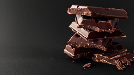 Chocolate bar pieces closeup. Sweet food photo concept with copy space. Chunks of broken chocolate stacked on black background