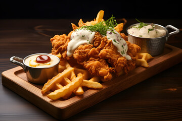 Platter featuring crispy karaage chicken over a fluffy waffle, accompanied by golden fries and creamy mayo, on a rustic wooden Generative Ai,