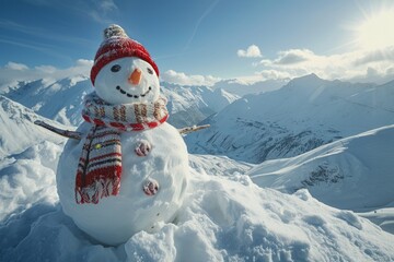 Obraz premium Snowman in a hat and scarf on the mountain. Copy space for text