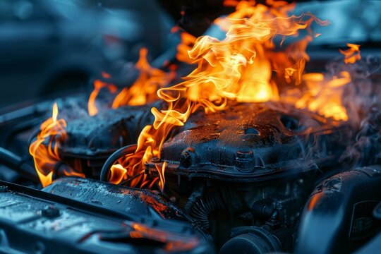 Car engine on fire with flames coming out