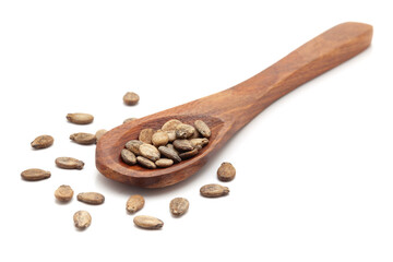 Front view of a wooden spoon filled with Organic Watermelon (Citrullus lanatus) seeds. Isolated on a white background.