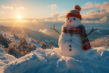 Obraz premium Funny snowman on a snowy mountain