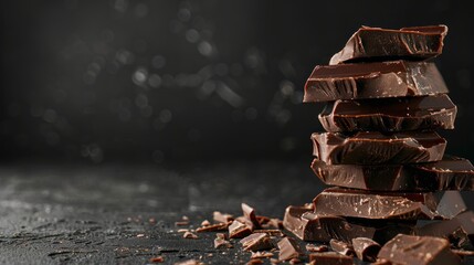 Chocolate bar pieces closeup. Sweet food photo concept with copy space. Chunks of broken chocolate...