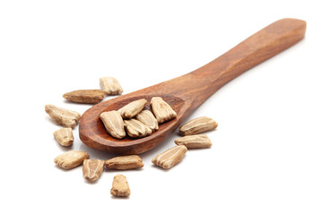 Front view of a wooden spoon filled with Organic Calabash gourd (Lagenaria siceraria) seeds. Isolated on a white background.