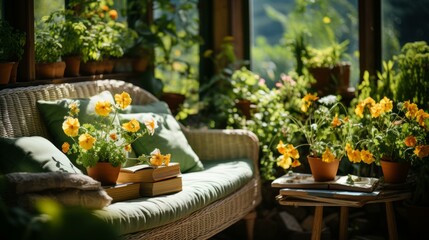 A beautiful sunroom with a wicker sofa, potted yellow flowers, and books