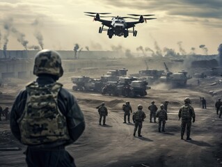 Aerial drone view of military operation with tanks and soldiers