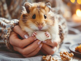 A cute hamster is sitting in a woman's hands