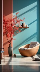 A stylish living room with a coral tree and a wicker chair