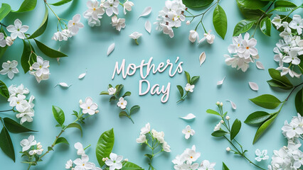 Beautiful Mother's Day Celebration Background with White Flowers and Elegant Text on a Pastel Blue Background