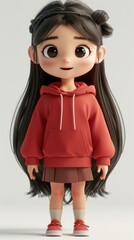 3D illustration of a cute girl with long black hair wearing a red hoodie and brown skirt