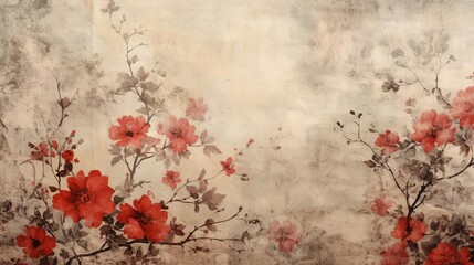 An elegant floral design featuring red and white flowers painted in a traditional Chinese style on a beige background.