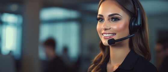 Realistic photo of customer service operator in call center office