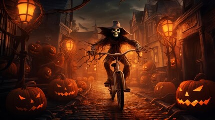 A skeleton rides a bicycle down a cobblestone street lined with jack-o'-lanterns