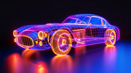 3d rendered wireframe car model neon colors expensive luxury car blender diagram flowchart 