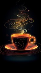A digital painting of a coffee cup with a glowing orange and yellow aura against a black background