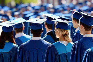 Graduates in blue academic caps during a commencement ceremony, celebrating achievement - Powered by Adobe
