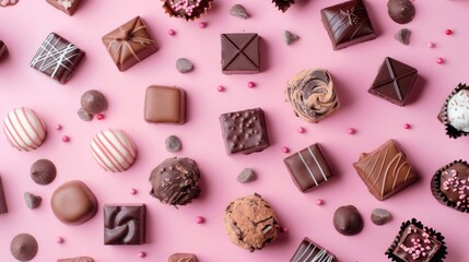 Different kinds of chocolates on colored table close-up. Top View and Flat Lay with copy space