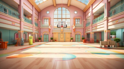 An illustration of an empty school hallway with a basketball court