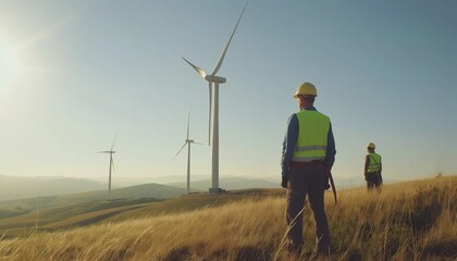 Electricity engineers wearing hard hat and luminiscent jackets, wind turbines