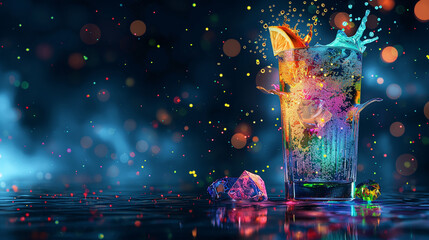 A tasty explosive drink in glass with colorful splashes on dark background