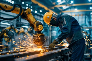 Metallurgical plant industry engineer working on production line, welding robotic arm