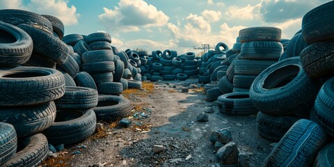 A large pile of discarded tires in an outdoor junkyard with a cloudy sky in the background