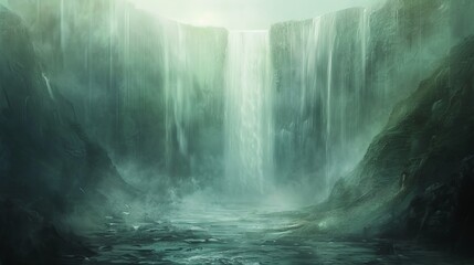 Majestic Waterfall in a Misty Mountainous Landscape