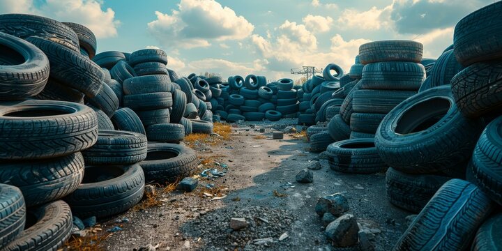 A large pile of discarded tires in an outdoor junkyard with a cloudy sky in the background
