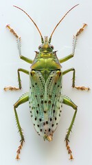 Fototapeta premium A green and gold bug with long antennae and a spotted abdomen