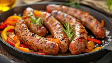 Sausages fried on fire in a plate with vegetables. Food for a picnic, a quick snack.