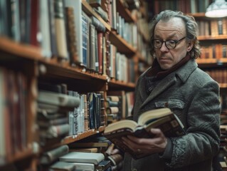 A man is reading a book in a library.