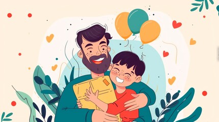 cartoon illustration of an adult man with a beard and his son hugging each other, the boy is holding a gift  in his hands, flat design, pastel colors, happy vibes, father's day theme.