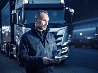 Professional male manager using tablet while standing in front of truck