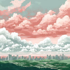 illustration of low intensity, low complexity, gradient red and white sky with simple clouds, cityscape in the clouds, and a green landscape on the bottom