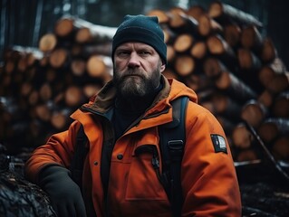 Obraz premium Professional lumberjack in uniform standing by firewood in forest