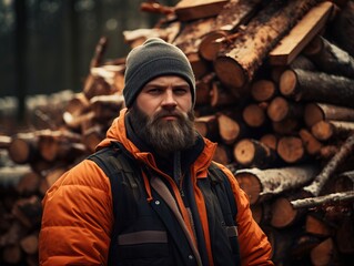Fototapeta premium Professional lumberjack in uniform standing by firewood in forest